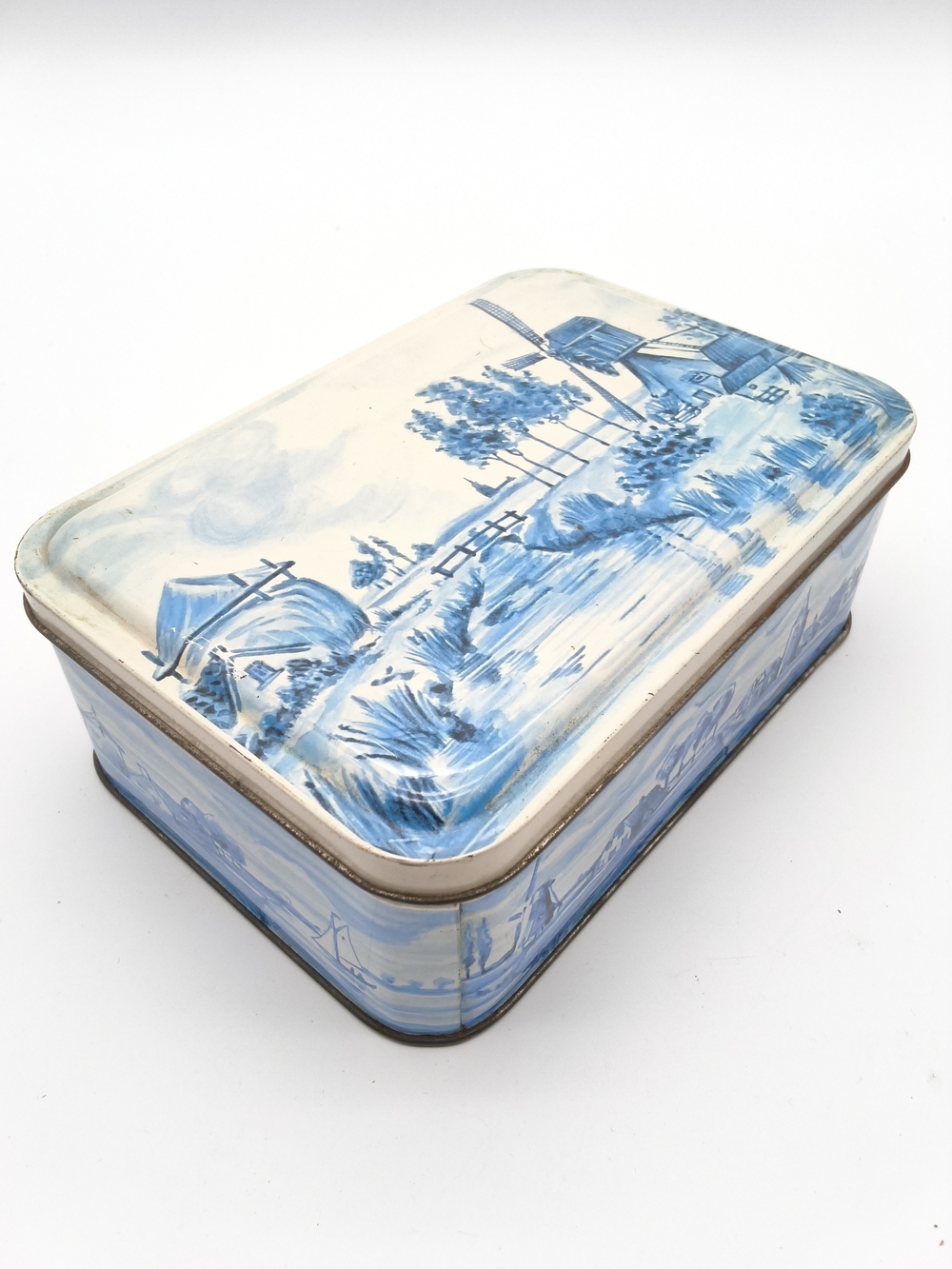 Vintage Patria Crackers & Biscuits Tin - Delft Blue Windmill Scene - Amsterdam